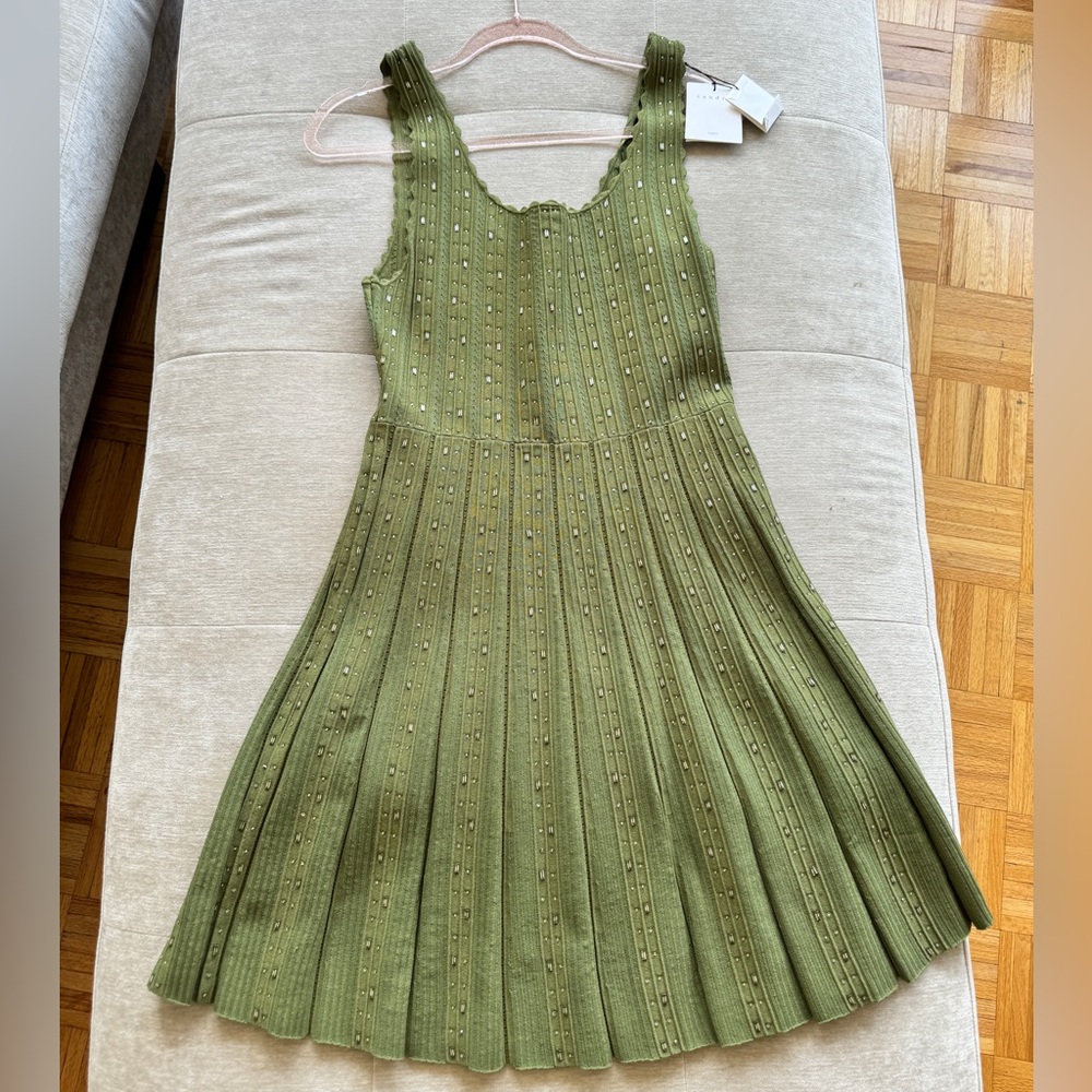 Olive Green Avah Scalloped Embellished Ribbed-knit Mini Dress